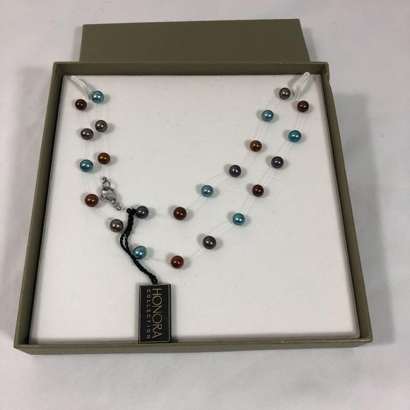 Honora Cultured Multicolor Pearl Strand Necklace. Red/Blue/Gray - Picture 2 of 3